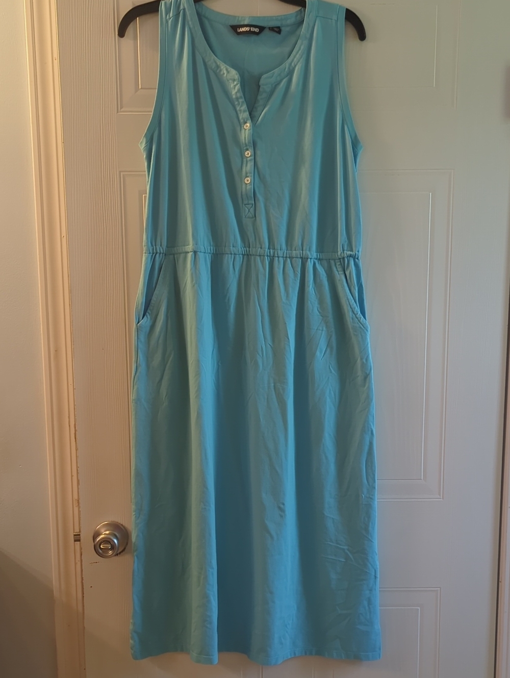 Lands' End Turquoise Sleeveless Button-Front Midi Dress